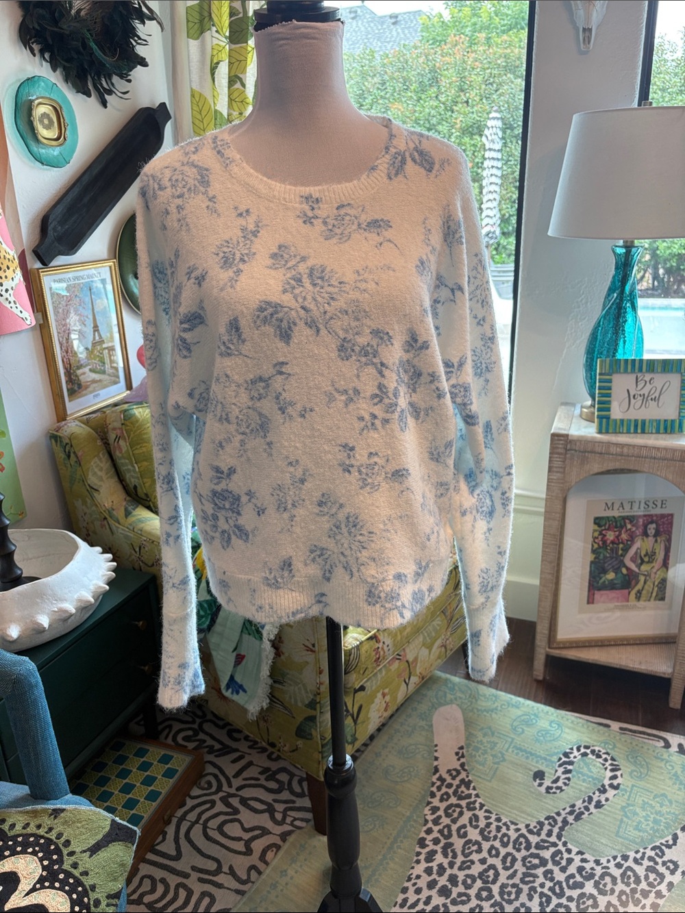 Laura Ashley White Crewneck Sweater with Light Blue Floral Print